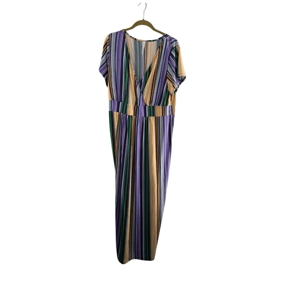 NY Collection Dress 1X Striped Maxi Short Sleeves V-Neckline Multicolor Babydoll